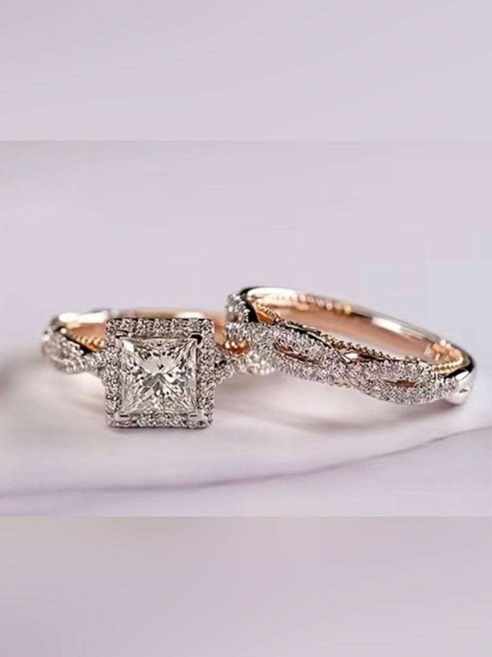 S925 Pavé Twist Princess Cut CZ Bridal Engagement Ring Set